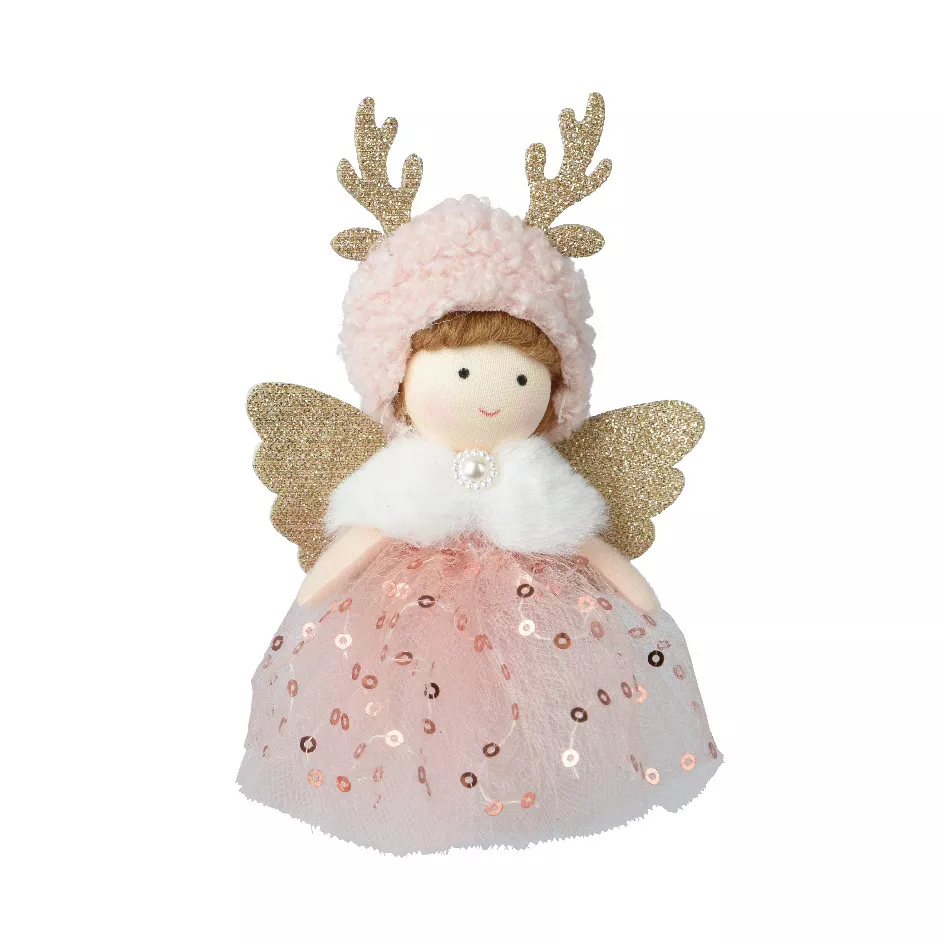 Lot De 3 Anges De Noël Avec Bois De Renne – Décoration Sapin En Tissu Doux (blanc, Beige, Rose) – 7.5 Cm