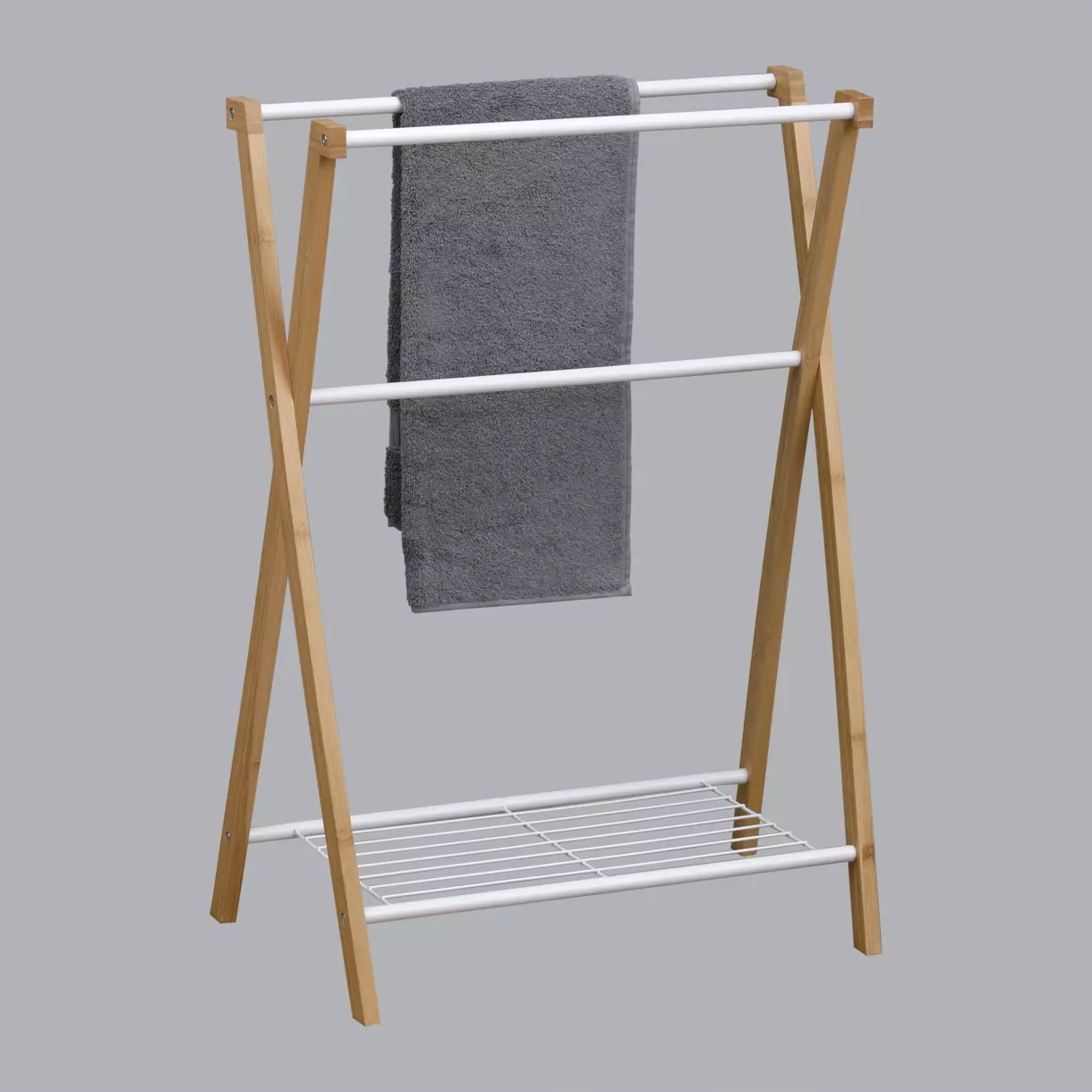 Porte serviette 3 barres + 1 étagères Bambou Blanc 1