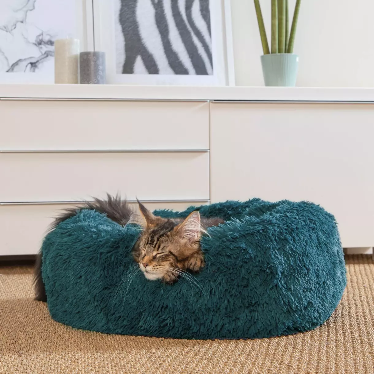 Coussin rond apaisant pour chat et chien Fluffy D55 cm Bleu pétrole 1