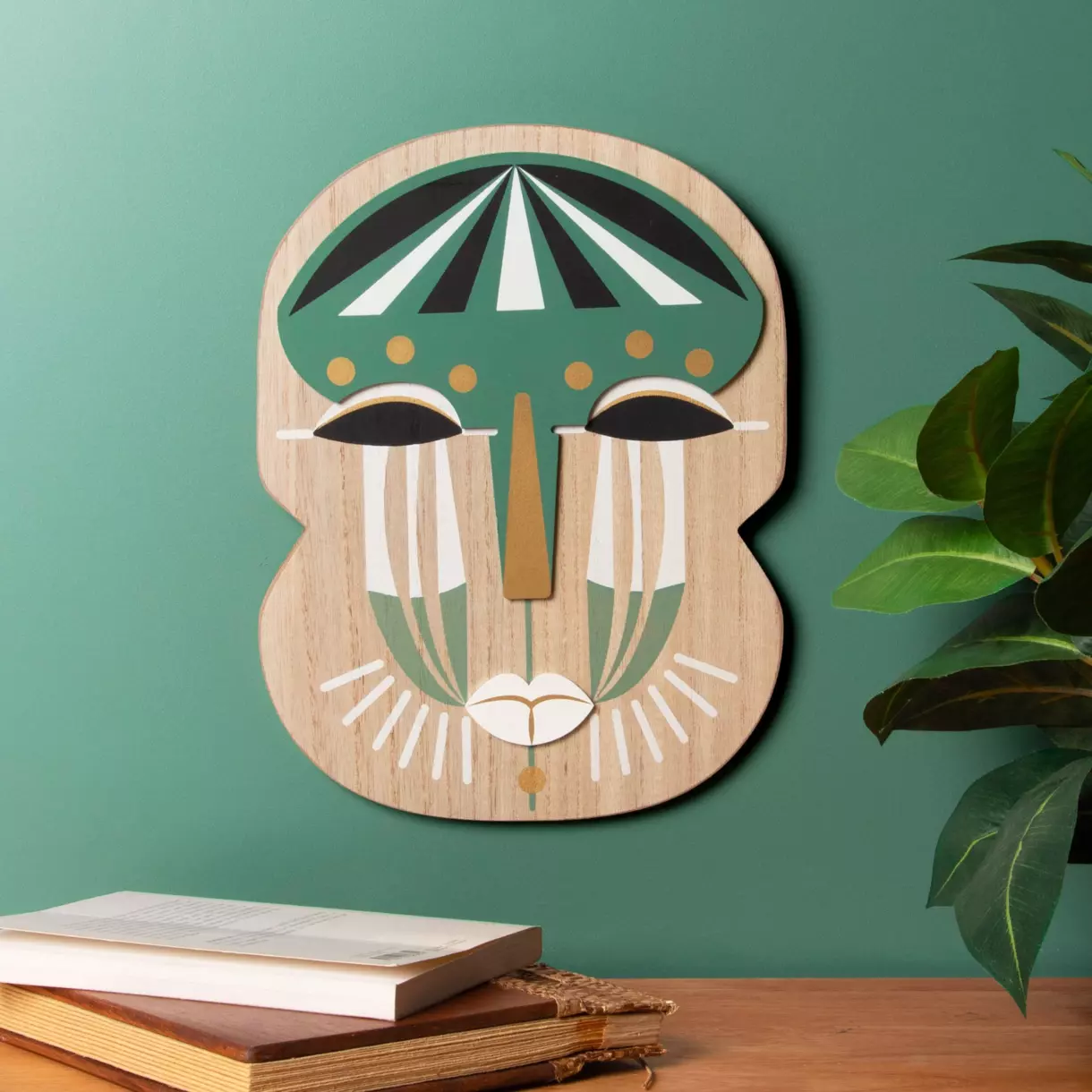 Masque en bois Visage Vert 1