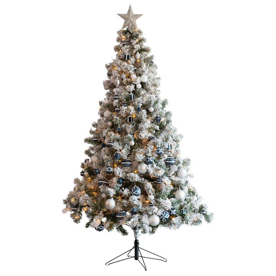 Verlichte kunstkerstboom en met kerstboomversiering Royal H210 cm besneeuwd groen 1