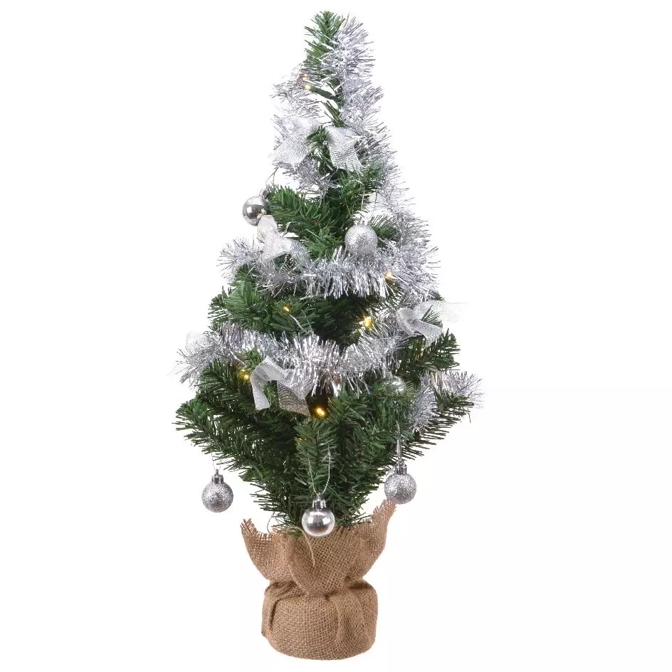 Sapin de Noël artificiel lumineux Décoré argent H60 cm Blanc chaud 1