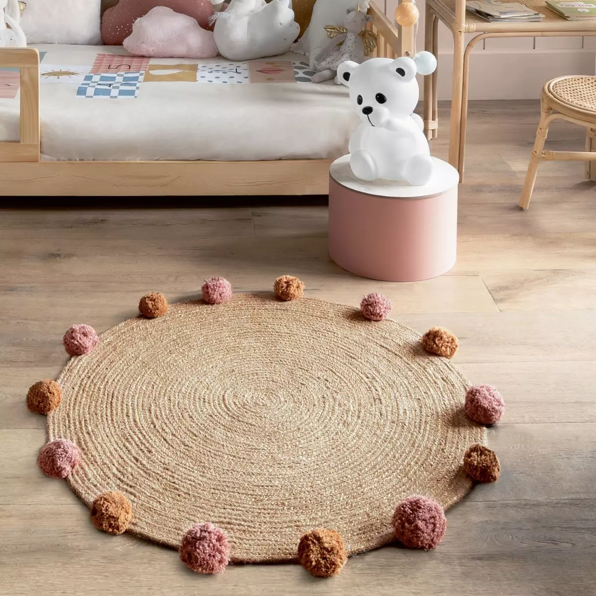 Alfombra yute (80 cm) Pompons Beige 1