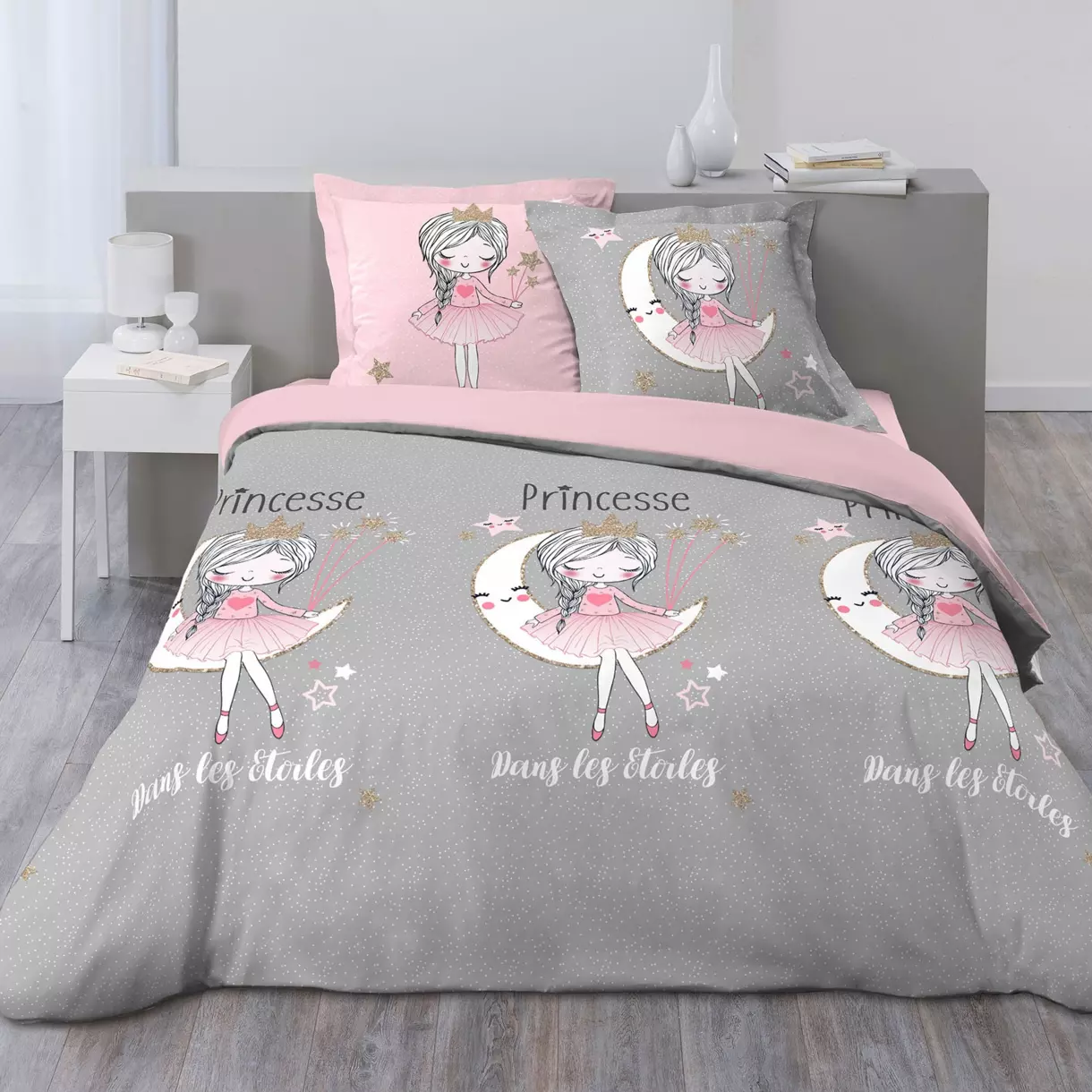 Funda nórdica y dos fundas de almohada de algodón (200 cm) Princesse Etoile Grise 1