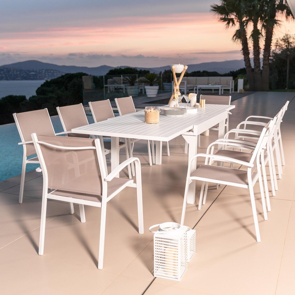 Stapelbarer Gartenstuhl mit Armlehnen Murano Aluminium - Weiß/Taupe 6