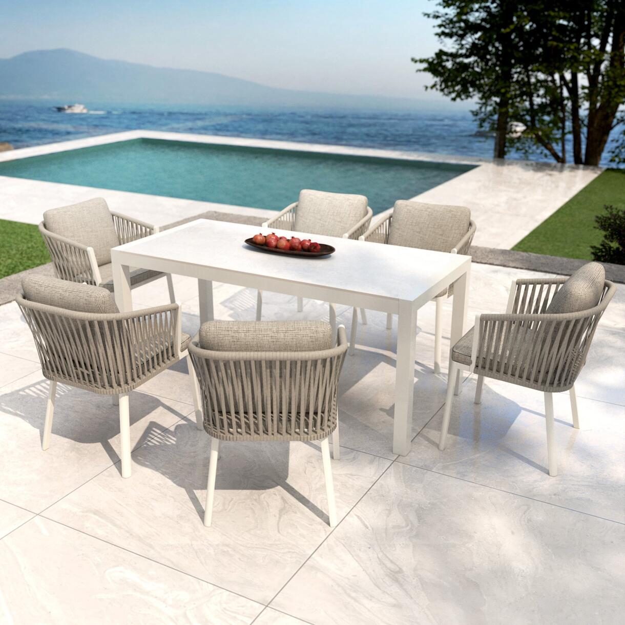 Tavolo da giardino 6 posti Alluminio/Ceramica Modena (150 x 75 cm) - Bianco/Grigio 1