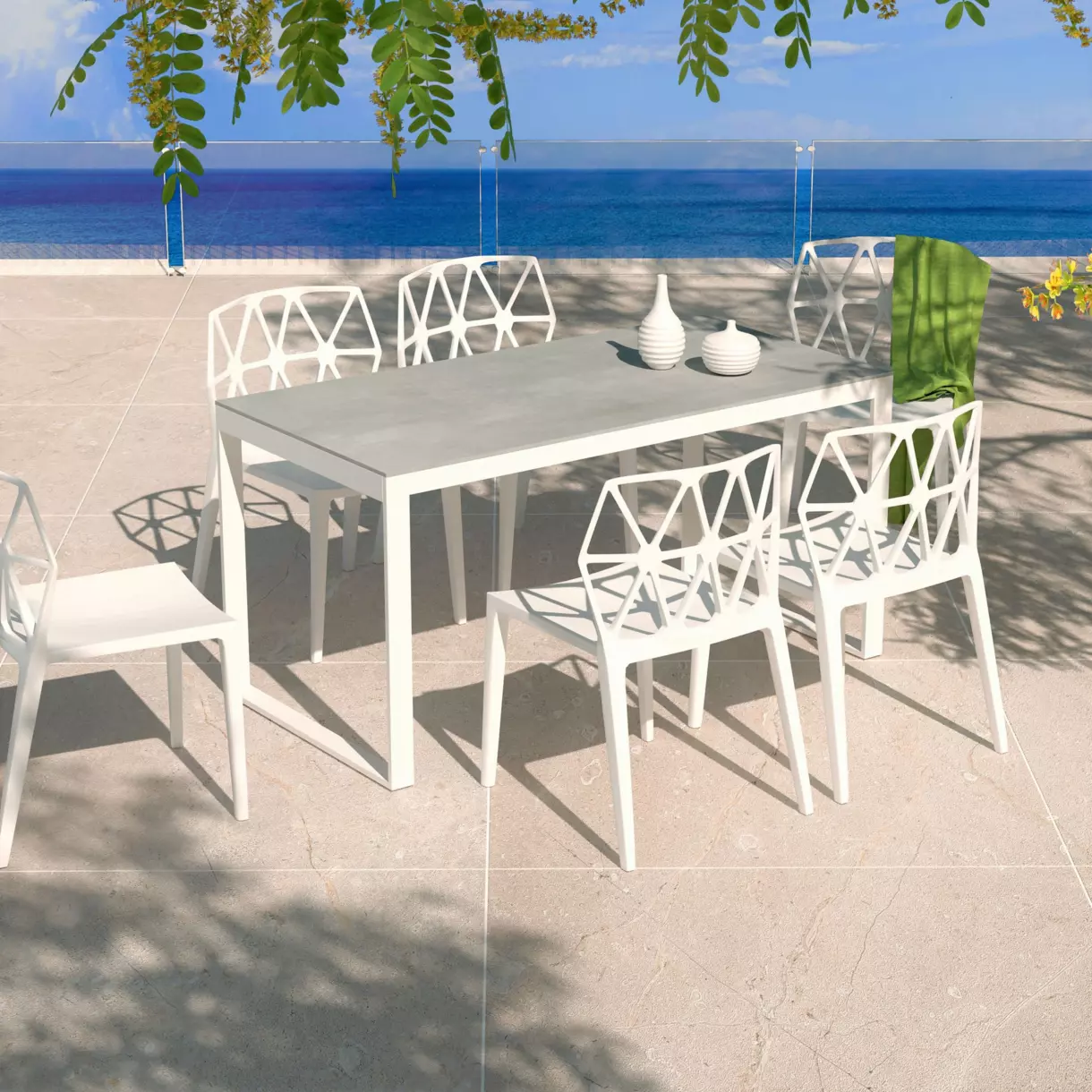 Mesa de jardín Kore 6 plazas de aluminio/cerámica (150 x 75 cm) - Blanco/Gris claro	 1