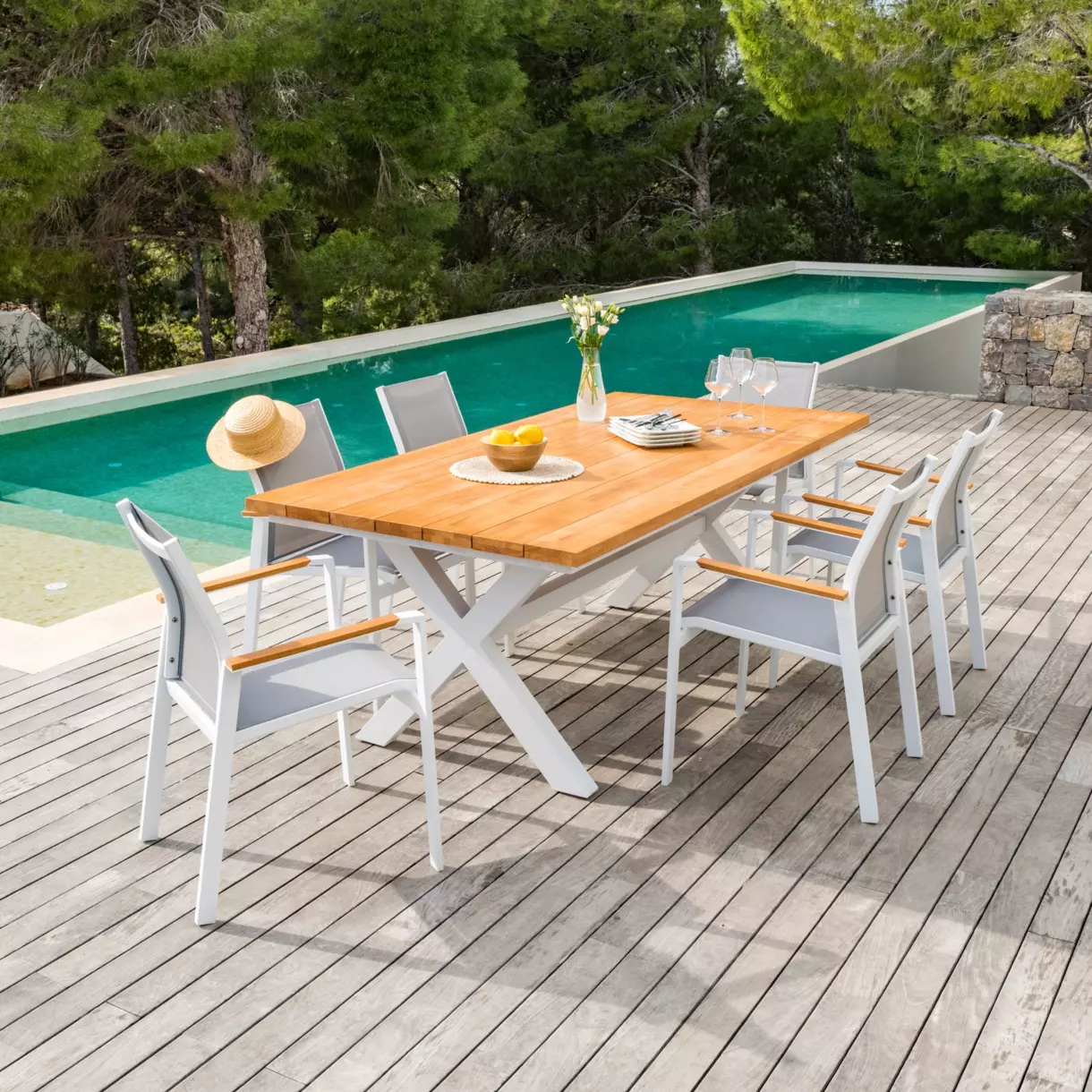 Mesa de jardín Bali de aluminio/Teck de 8 plazas (200 x 100 cm) - Blanco	 1