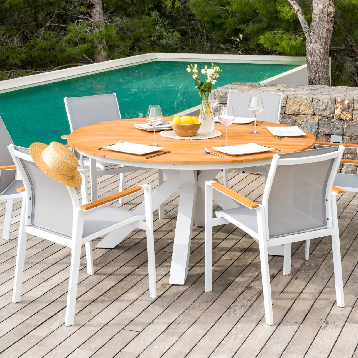 Tuintafel 8 persoons Aluminium / teak hout Bali (D150 cm) - Wit 1