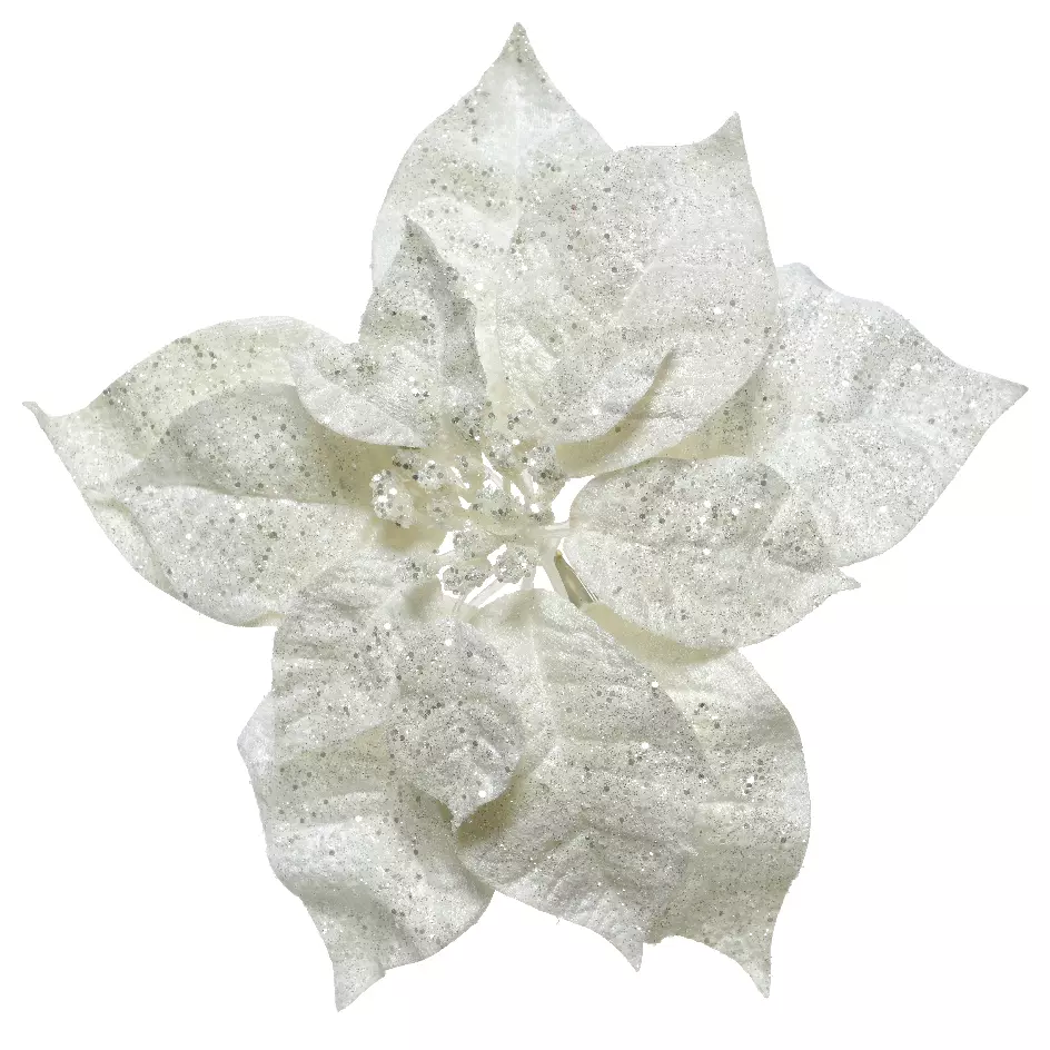 Poinsettia de Navidad brillante Glit (26 cm) con clip Blanco 1