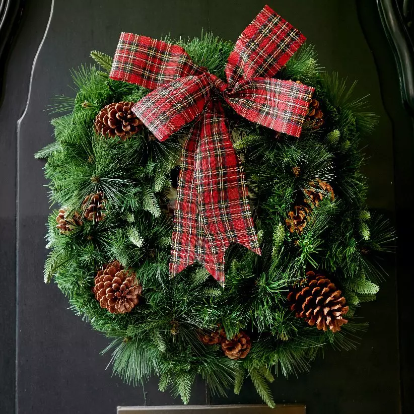 Corona de Navidad decorada Nudo tartán D50 cm 1