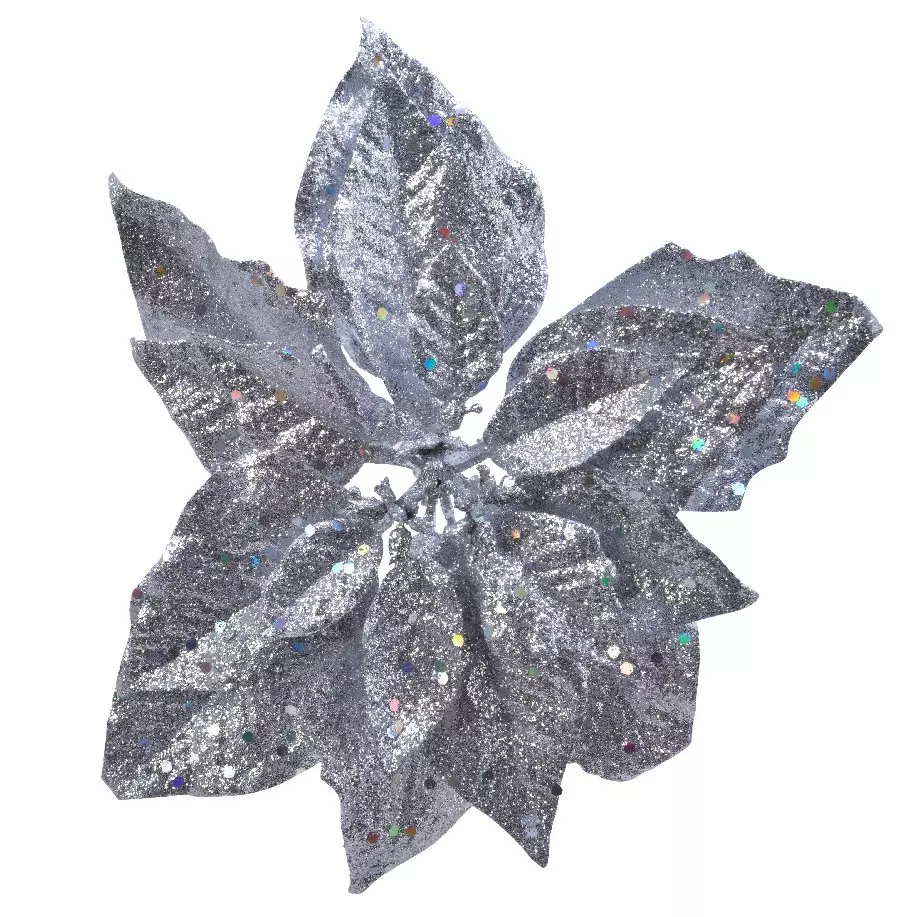 Poinsettia de Navidad brillante (D23 cm) con clip Plata 1