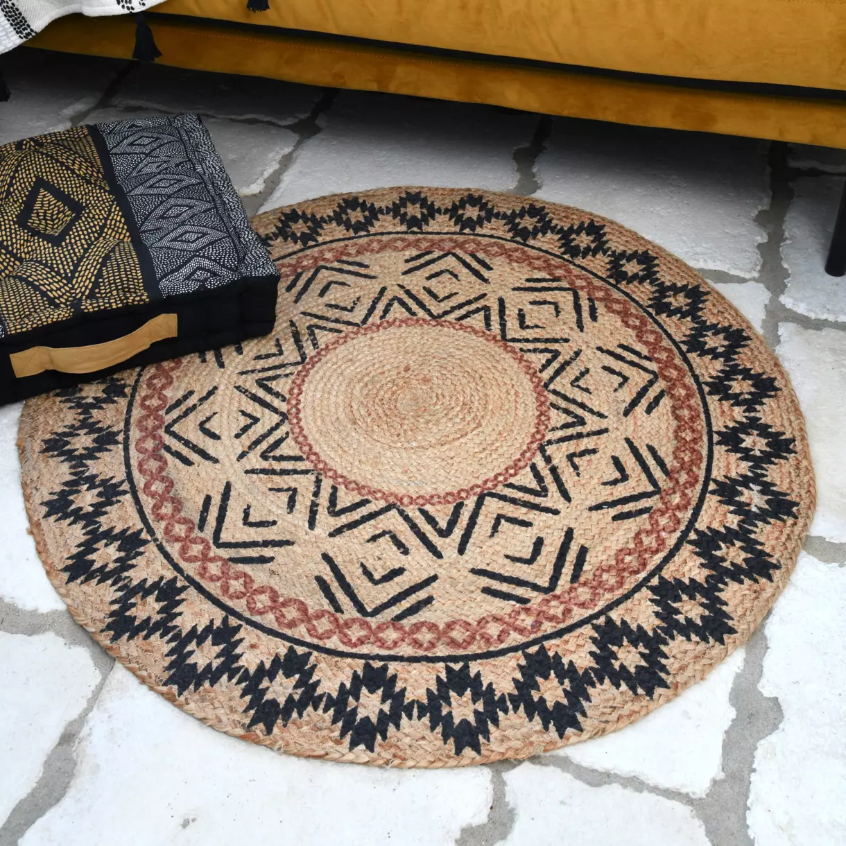 Tapis de salon jute (90 cm) Ethnograf Multicolore 1