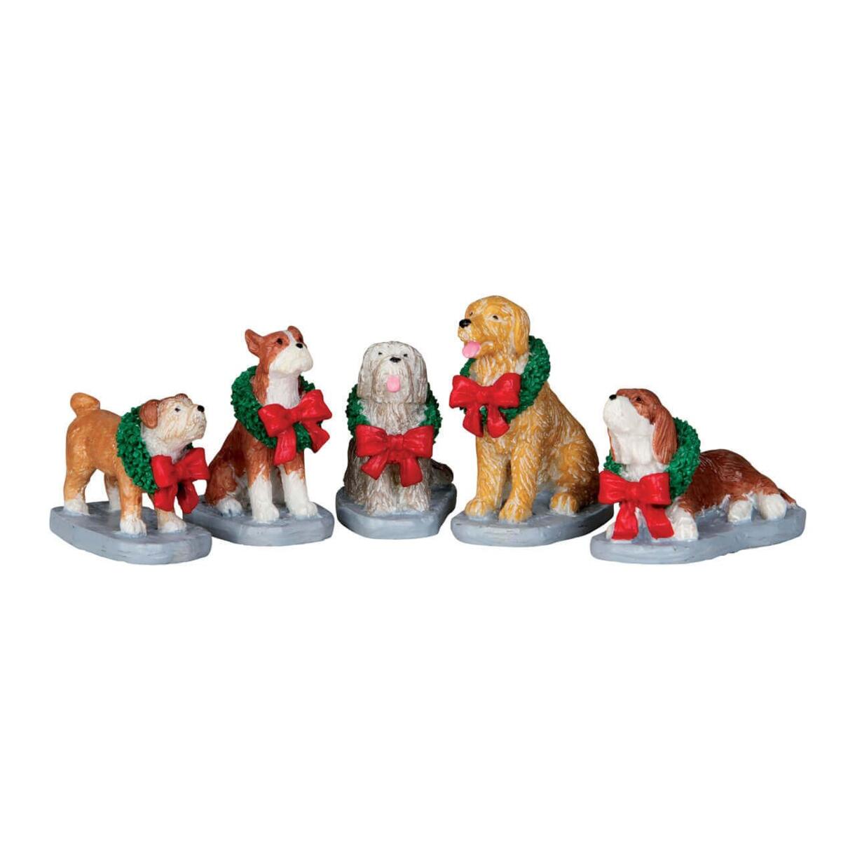 Tier Lemax Hunde mit Weihnachtskränzen