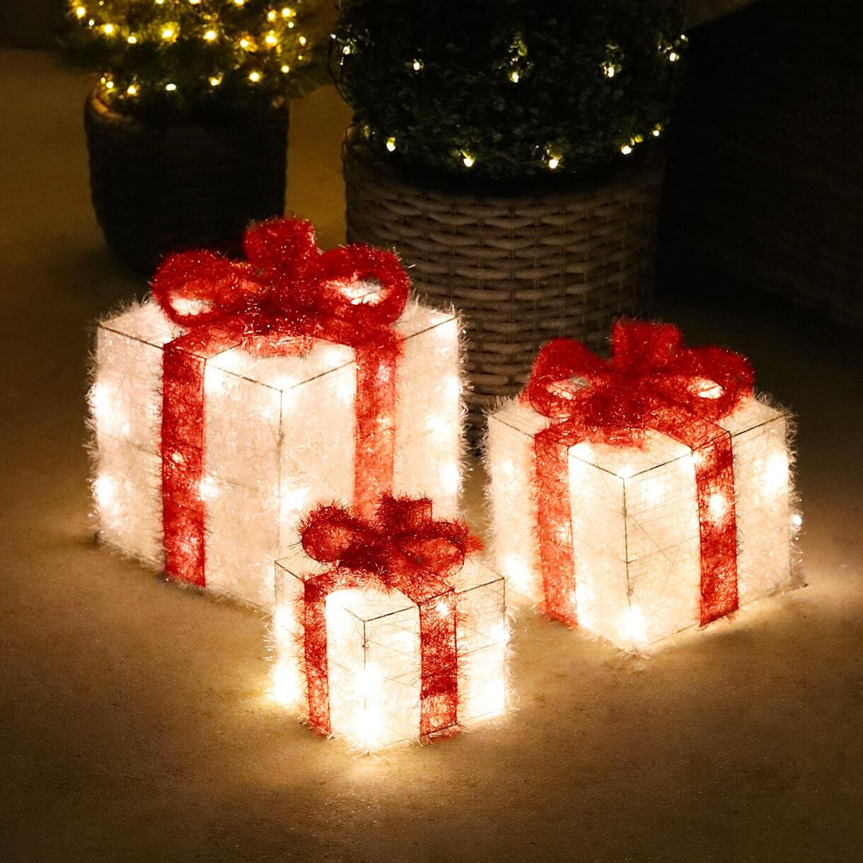 Set de 3 cadeaux à piles ruban rouge lumineux Blanc chaud 65 LED 1