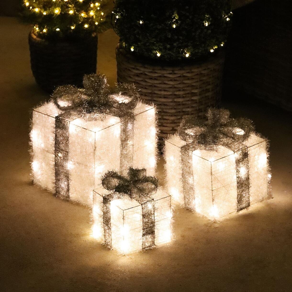 Set di 3 pacchi regalo nastro grigio a pile con luci Bianco caldo 65 LED 1