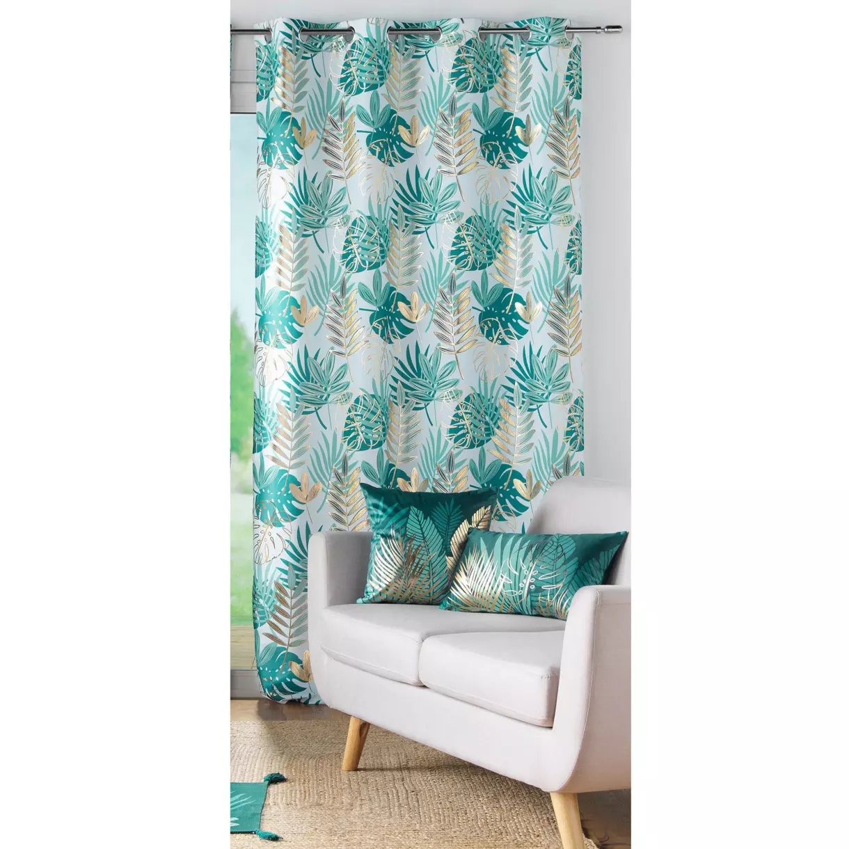 Cortina semi-opaca(140 x 260 cm) Dorado nella Blanco y verde esmeralda 1
