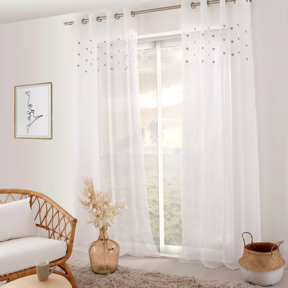 Visillo (140 x 240 cm) Corazones Beige 1