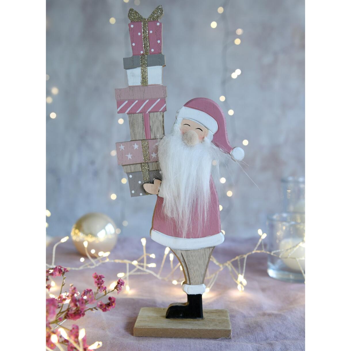 Kerstman Adrien van hout om neer te zetten roze 1