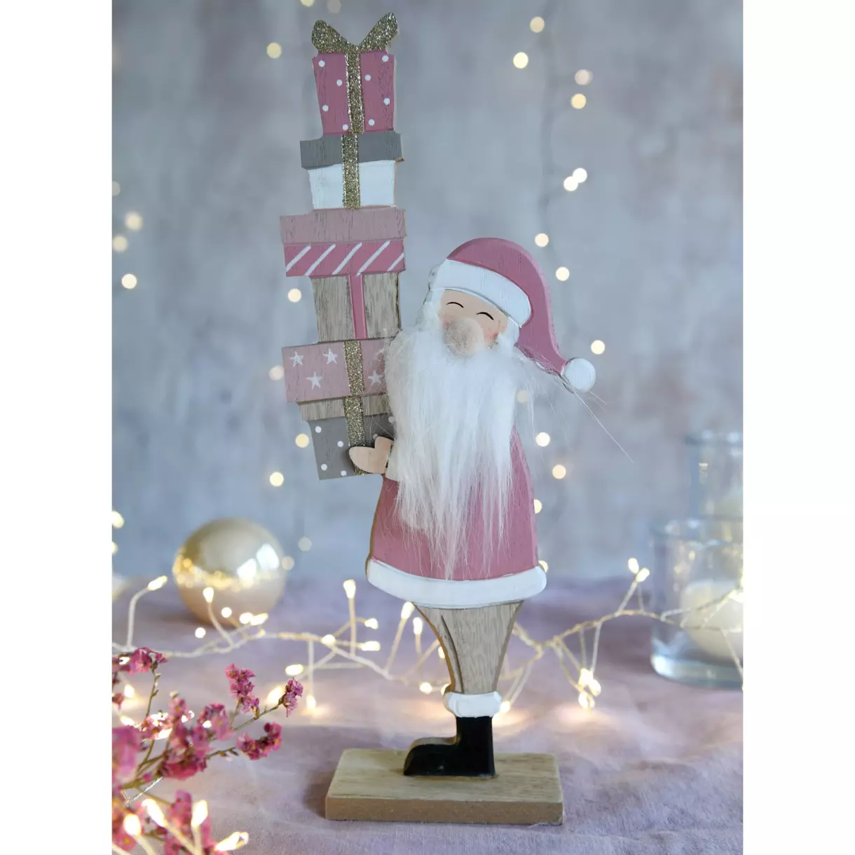Père Noel Adrien en bois  à poser rose 1