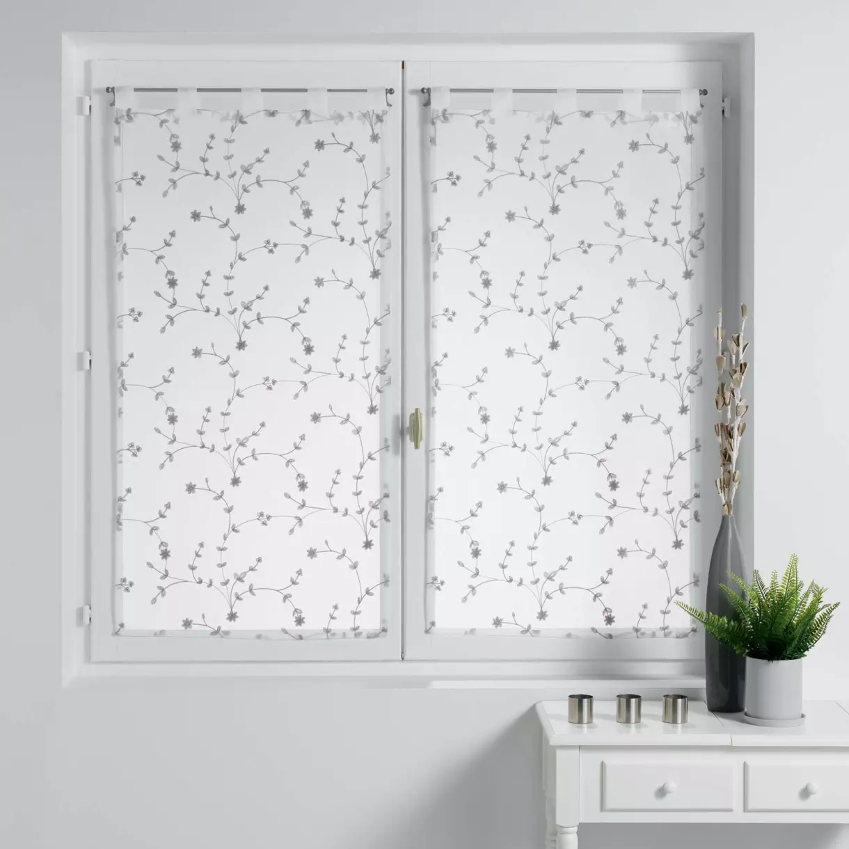 Paire de voilages (60 x 120 cm) Petite fleur Blanc et gris 1