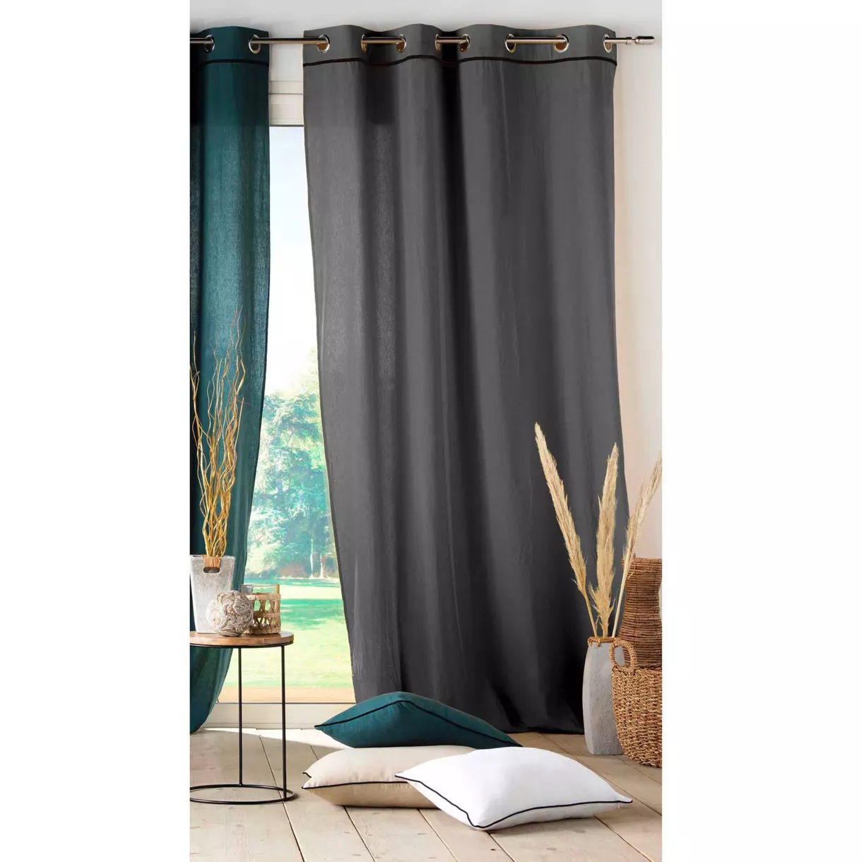 Cortina  semi-opaca algodón lavado (135 x 240 cm) Linette Gris antracita 1