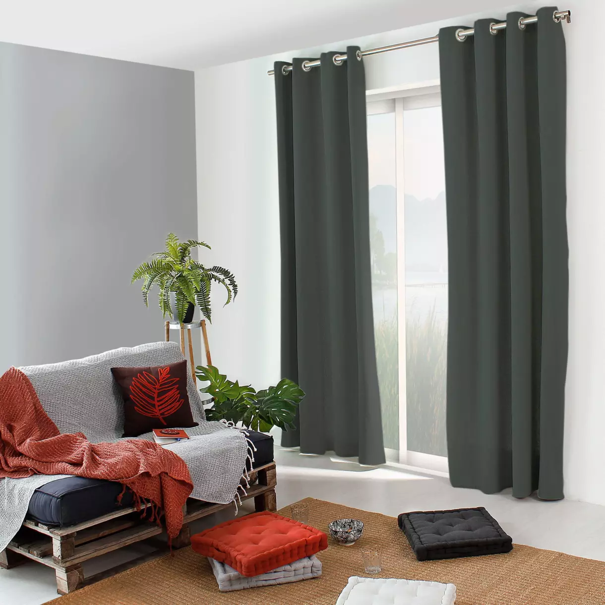 Cortina semi opaca en algodón recliclado (135 x 240 cm) Dune Gris oscuro 1