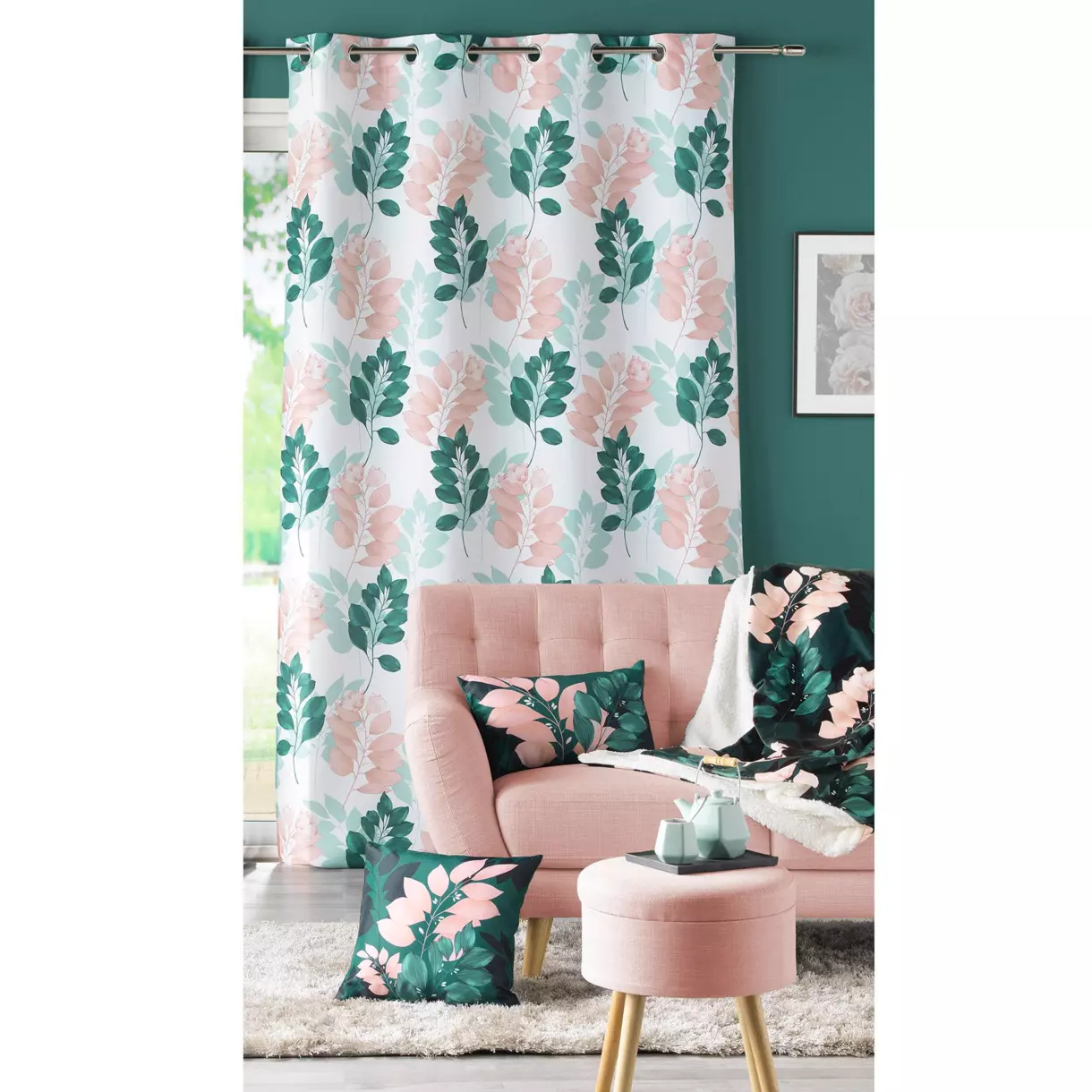 Rideau (140 x 260 cm) Belline Blanc et vert émeraude 1