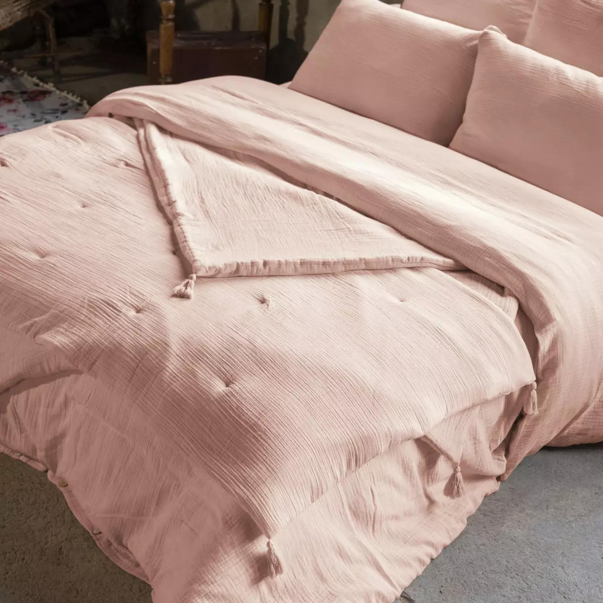 Edredón en gasa de algodón (150 x 150 cm) Gaïa Rosa palo 1