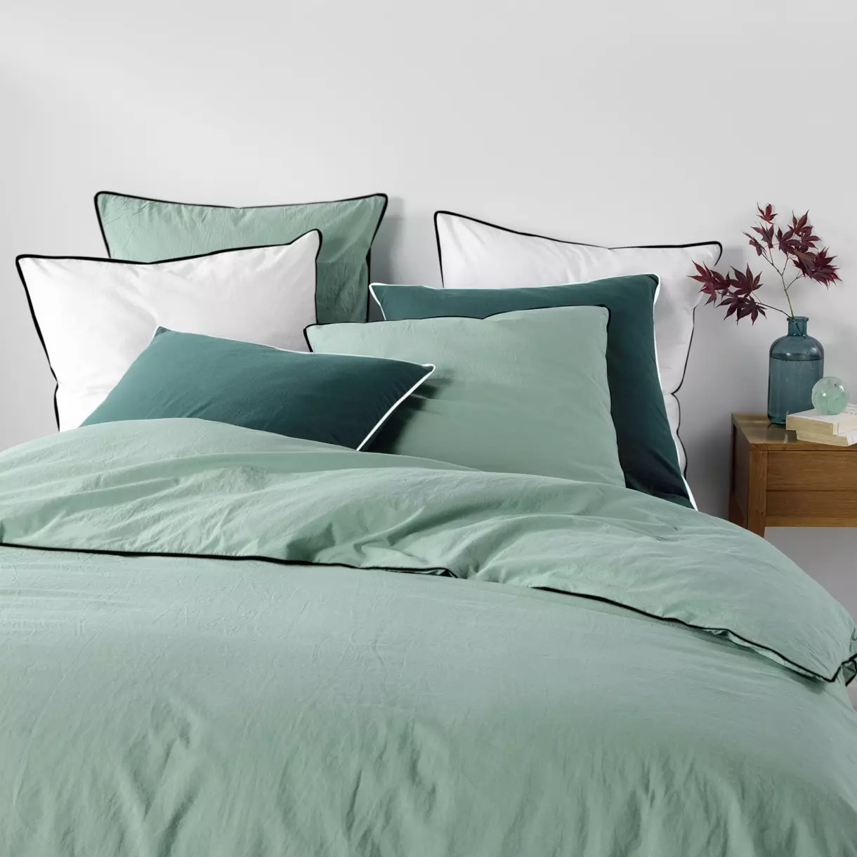 Funda Nórdica y dos fundas para almohadas algodón lavado (240 cm) Linette Verde savila 1