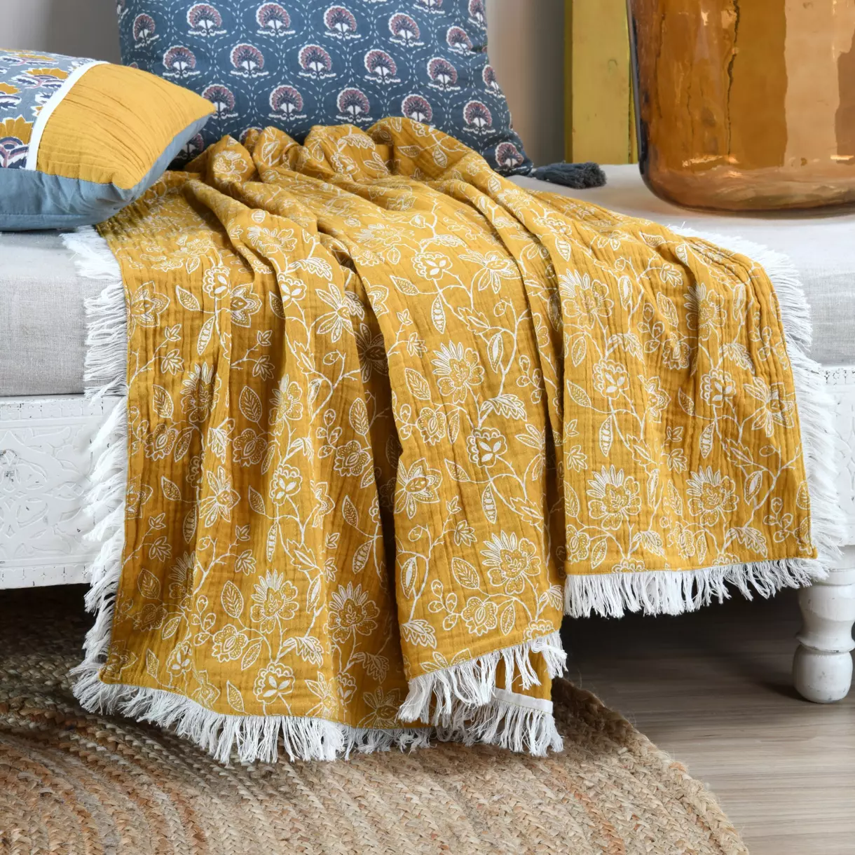 Plaid gaze de coton (150 cm) Sunda Jaune moutarde