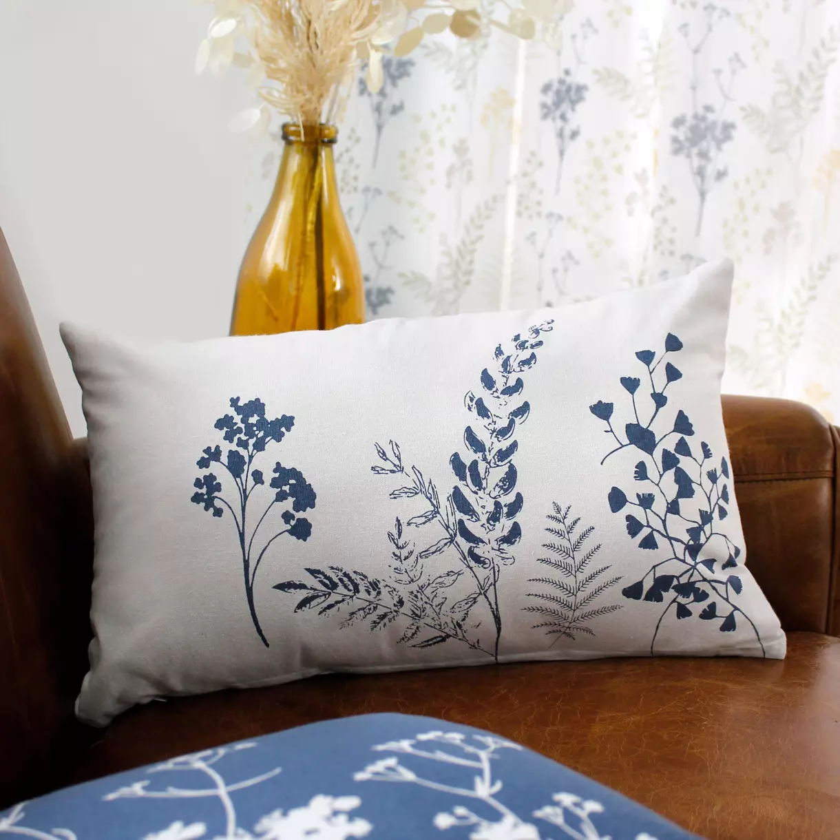 Coussin rectangulaire coton (50 cm) Herbier Bleu 1