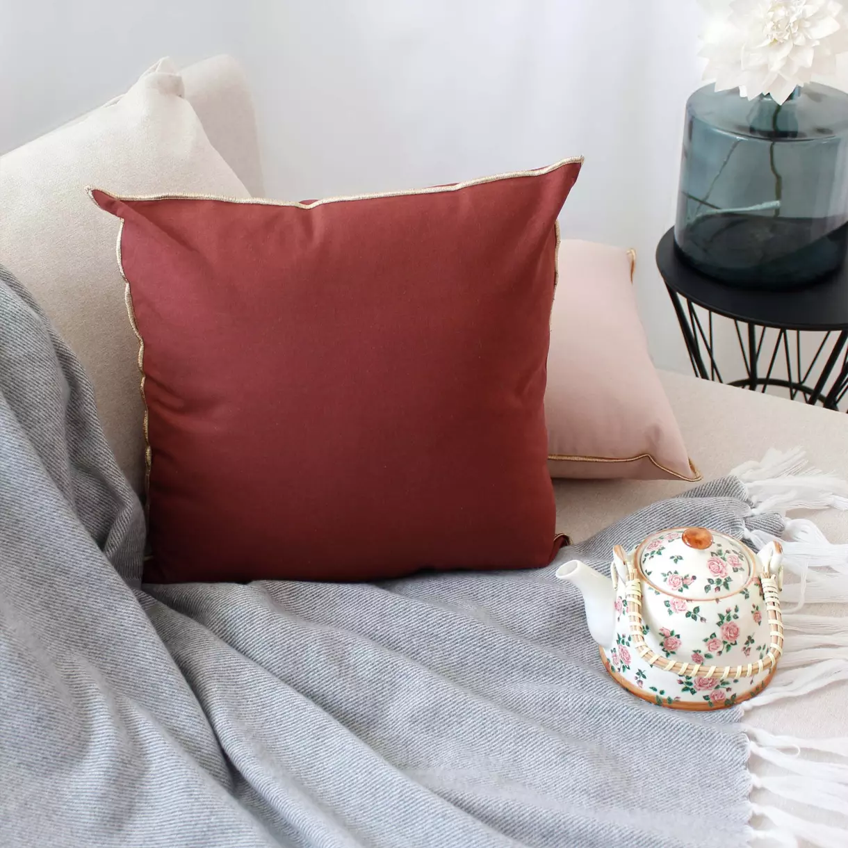 Coussin carré coton (40 cm) Harmony Rouge grenat 1