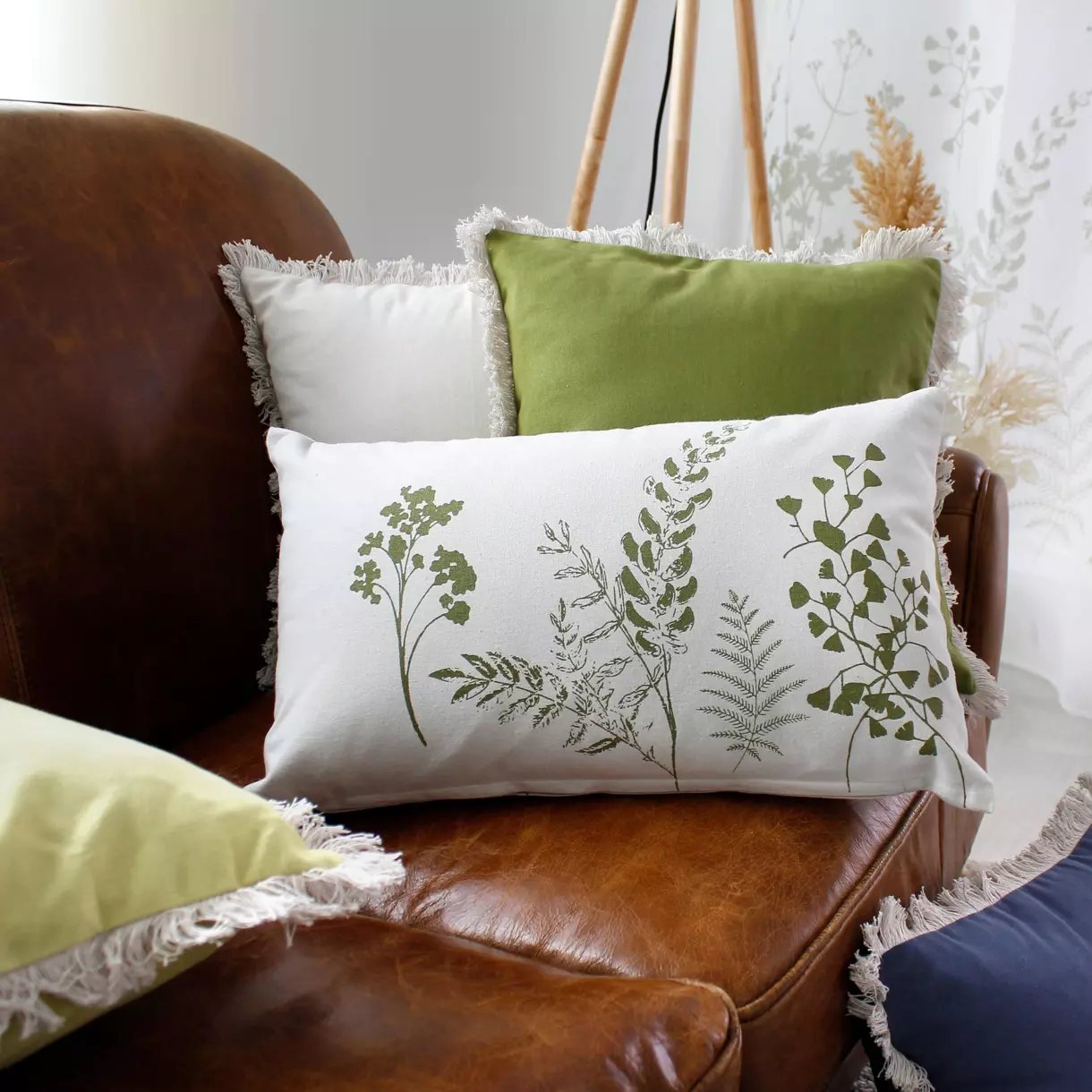 Coussin rectangulaire coton (50 cm) Herbier Vert olive 1