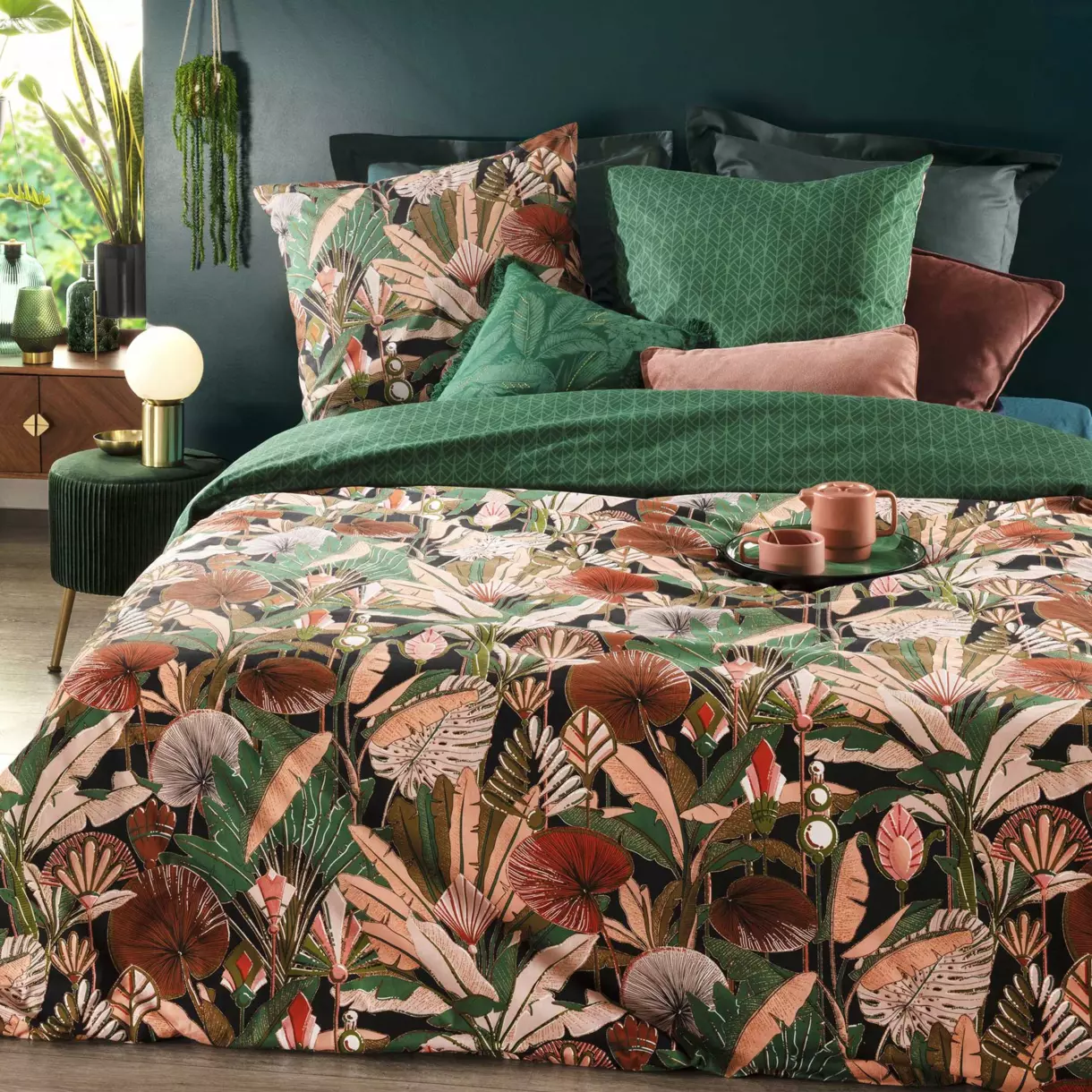 Funda nórdica y dos fundas para almohadas en algodón(240 cm) Forêt Art Verde 1