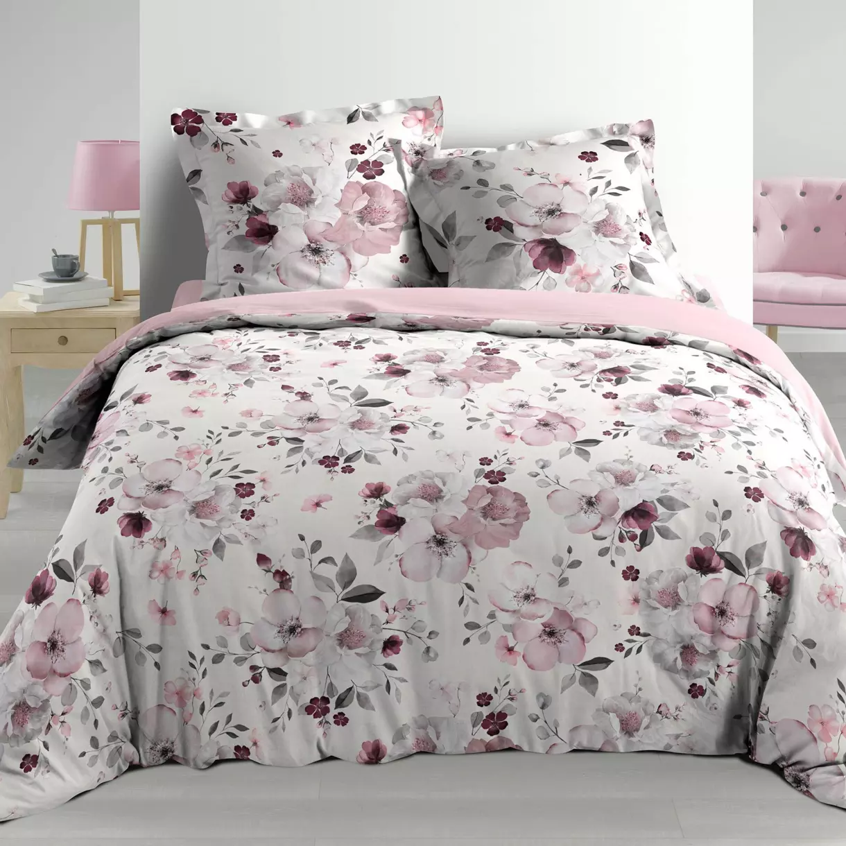 Funda nórdica y dos fundas de almohadón  percal de algodón  (260 cm) Velvet Flower Blanca 1