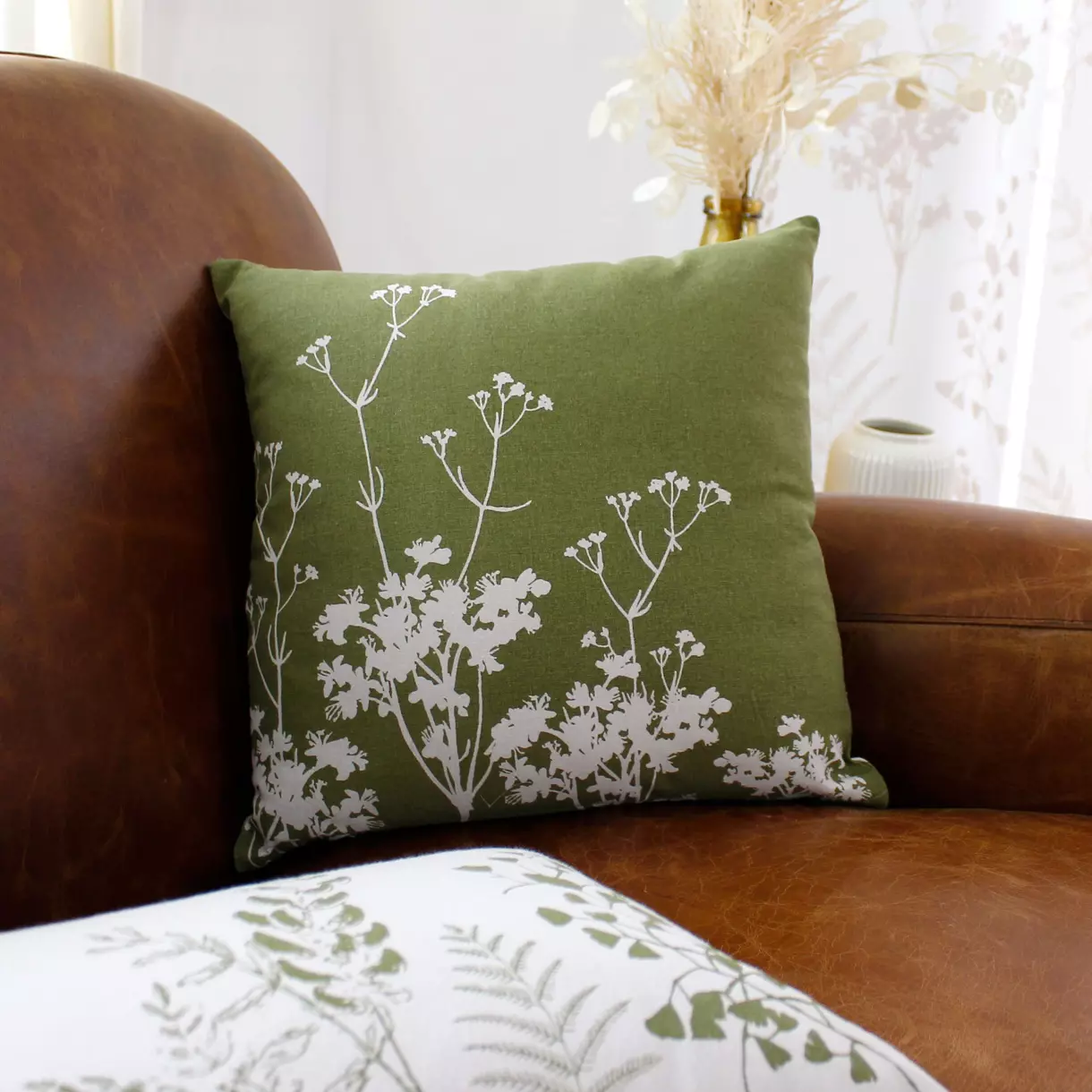 Coussin carré coton (40 cm) Herbier Vert olive 1