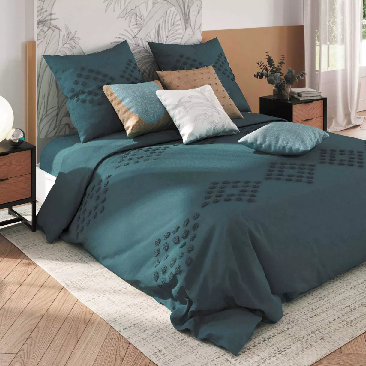 Funda nórdica y dos fundas para almohadones algodón lavado (240 cm) Moura Azul trullo 1