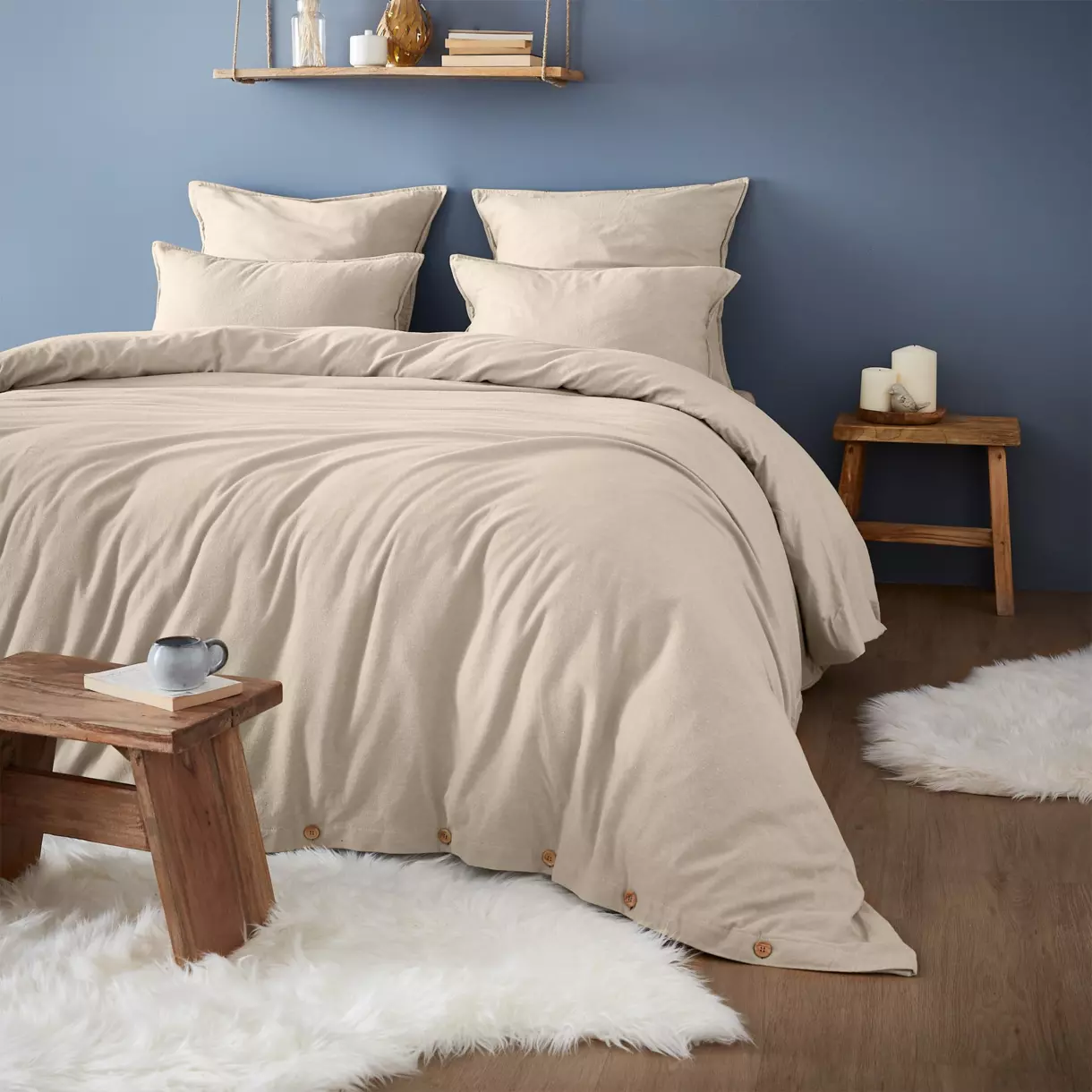Quadratischer Kopfkissenbezug aus Flanell (63 cm) Théa Beige 6