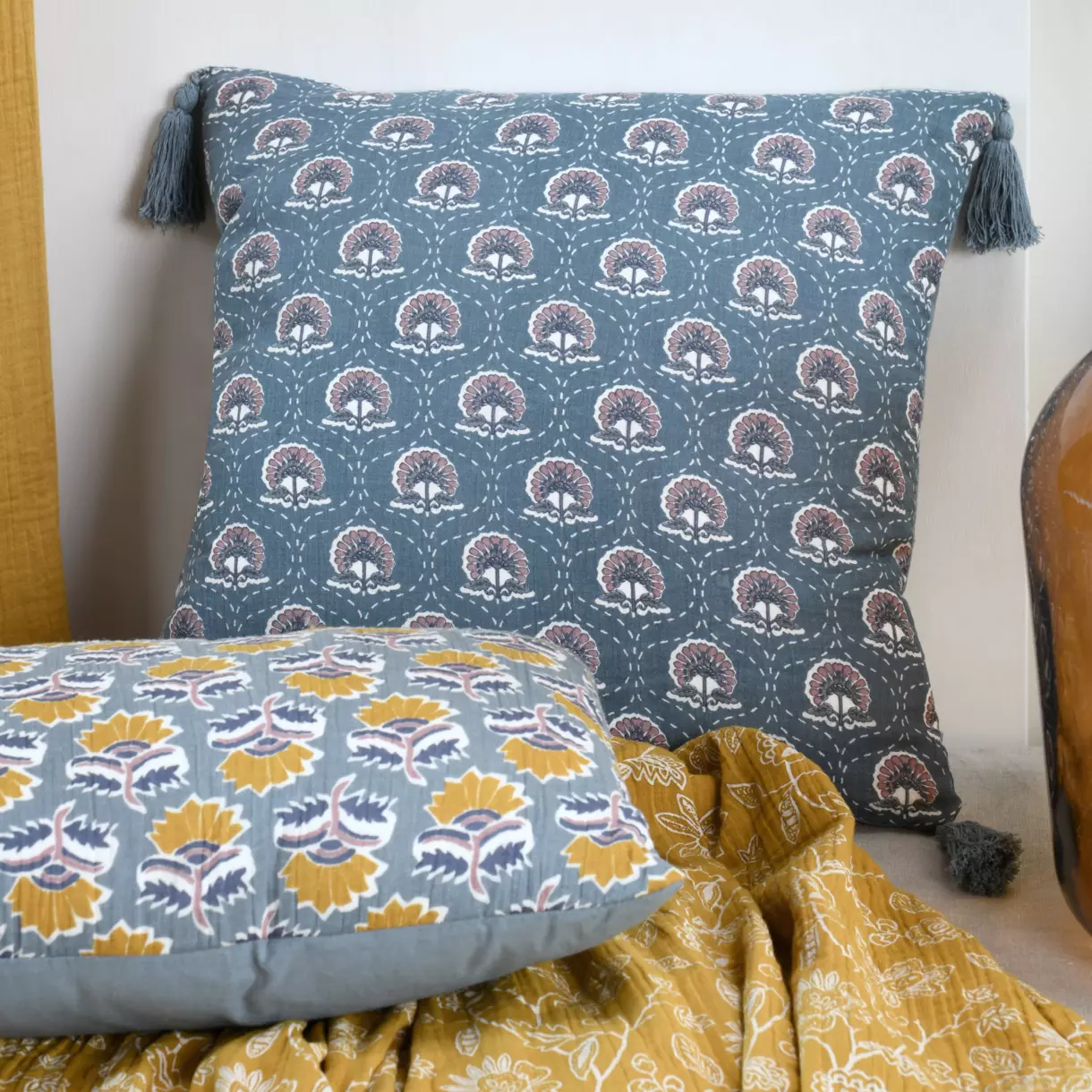 Coussin carré gaze de coton (40 cm) Sunda Bleu indigo