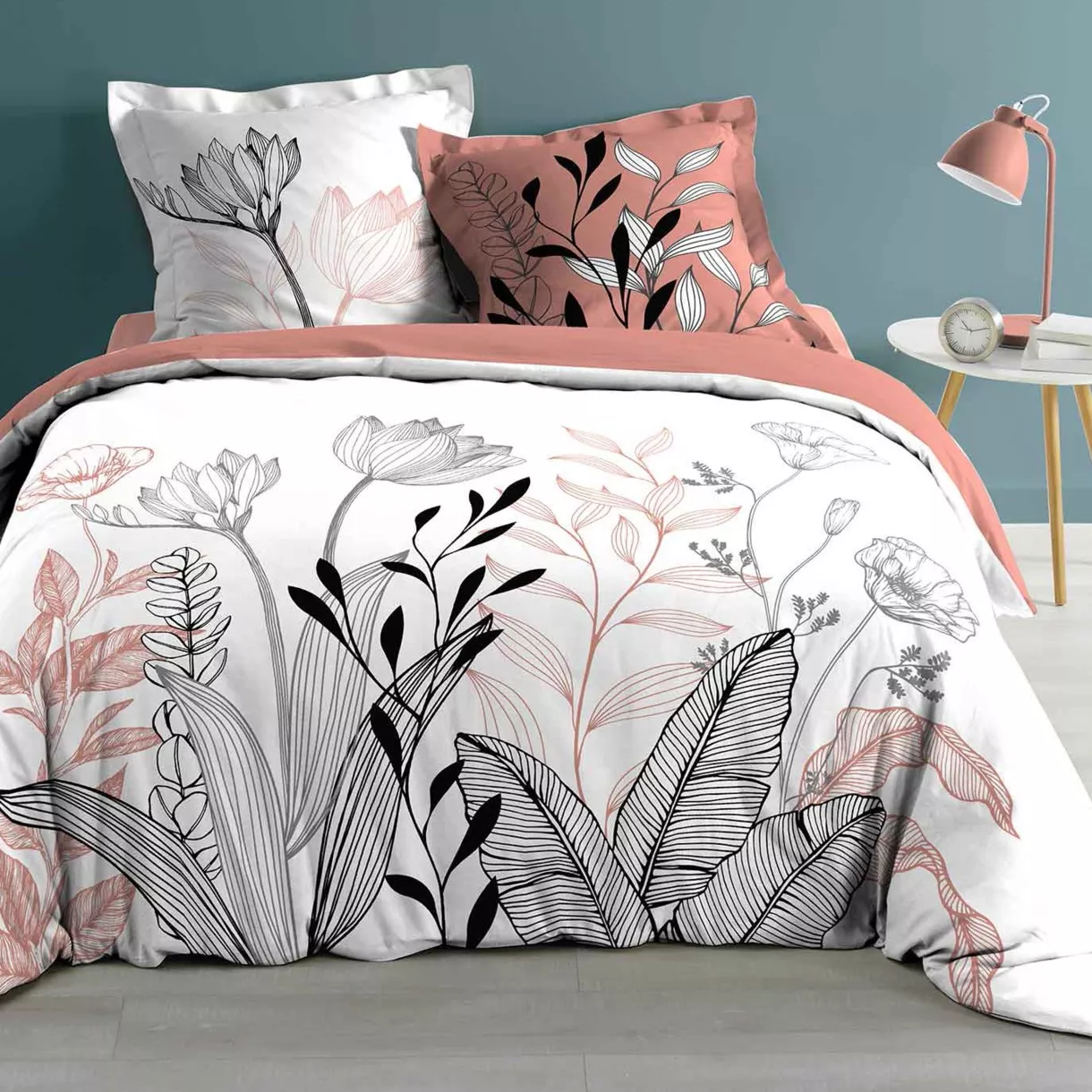 Housse de couette et deux taies coton (240 cm) Amelina Rose 1