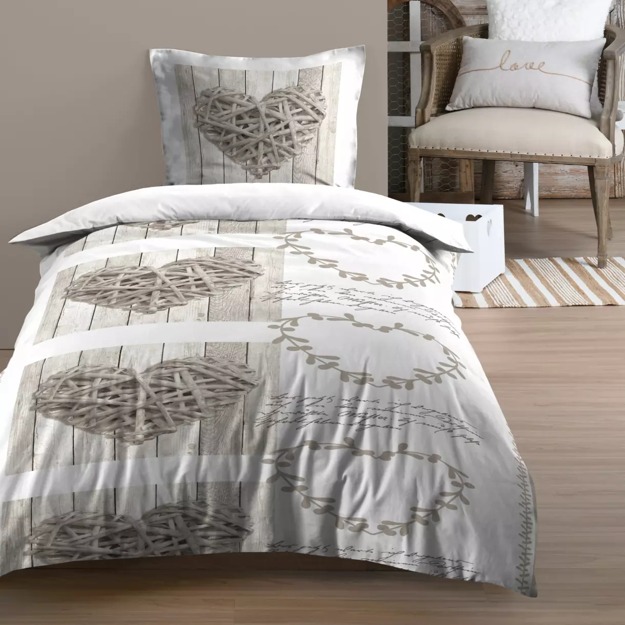 Housse de couette et une taie coton (140 cm) Margaux Beige 1