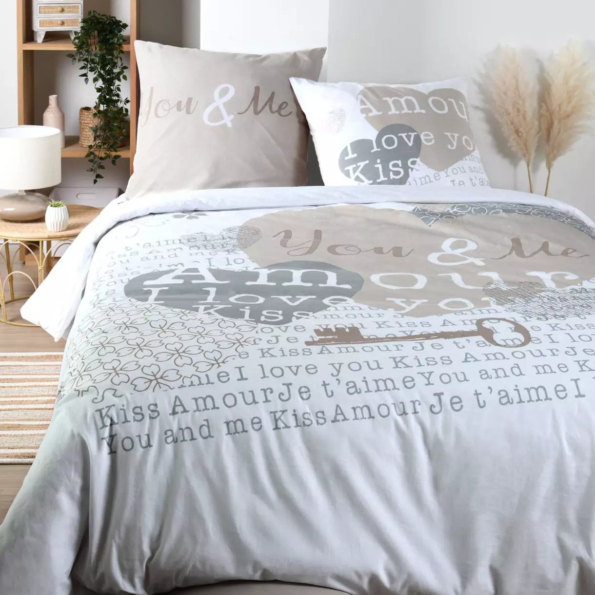 Funda Nórdica y dos fundas para almohada en algodón (240 cm) Amour Beige 1