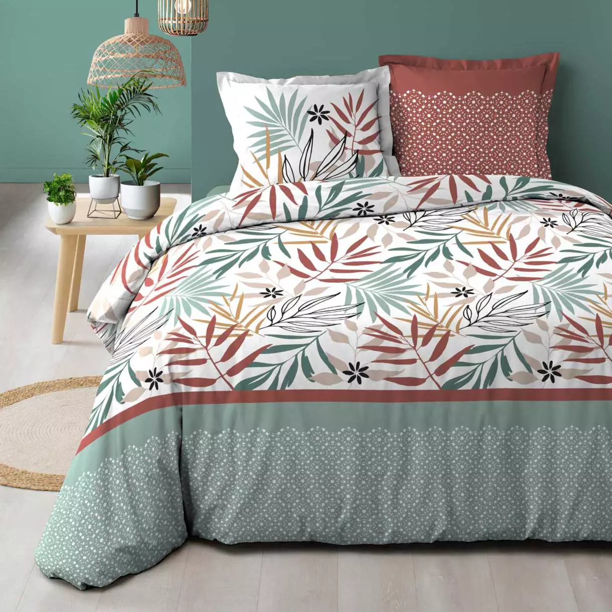 Housse de couette et deux taies coton (240 cm) Melvina Verte 1
