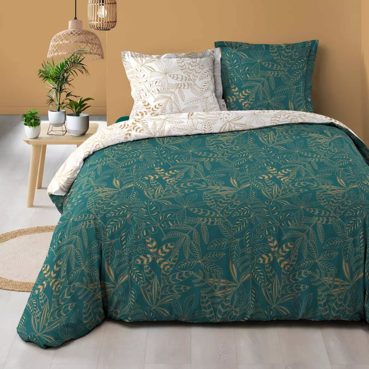 Housse de couette et deux taies coton (260 cm) Belflor Vert émeraude et Or 1