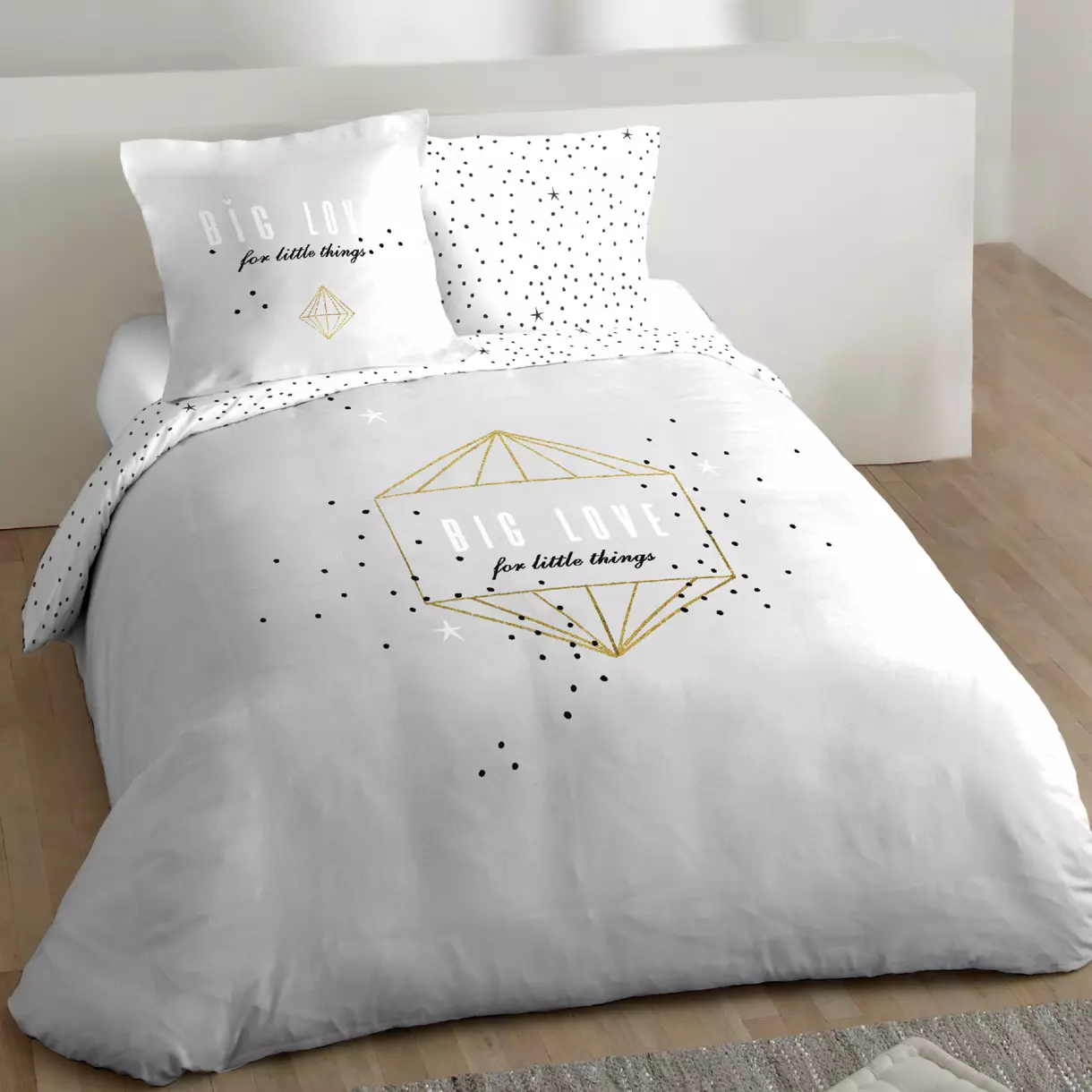 Housse de couette et deux taies coton (260 cm) Little things Grise et or 1