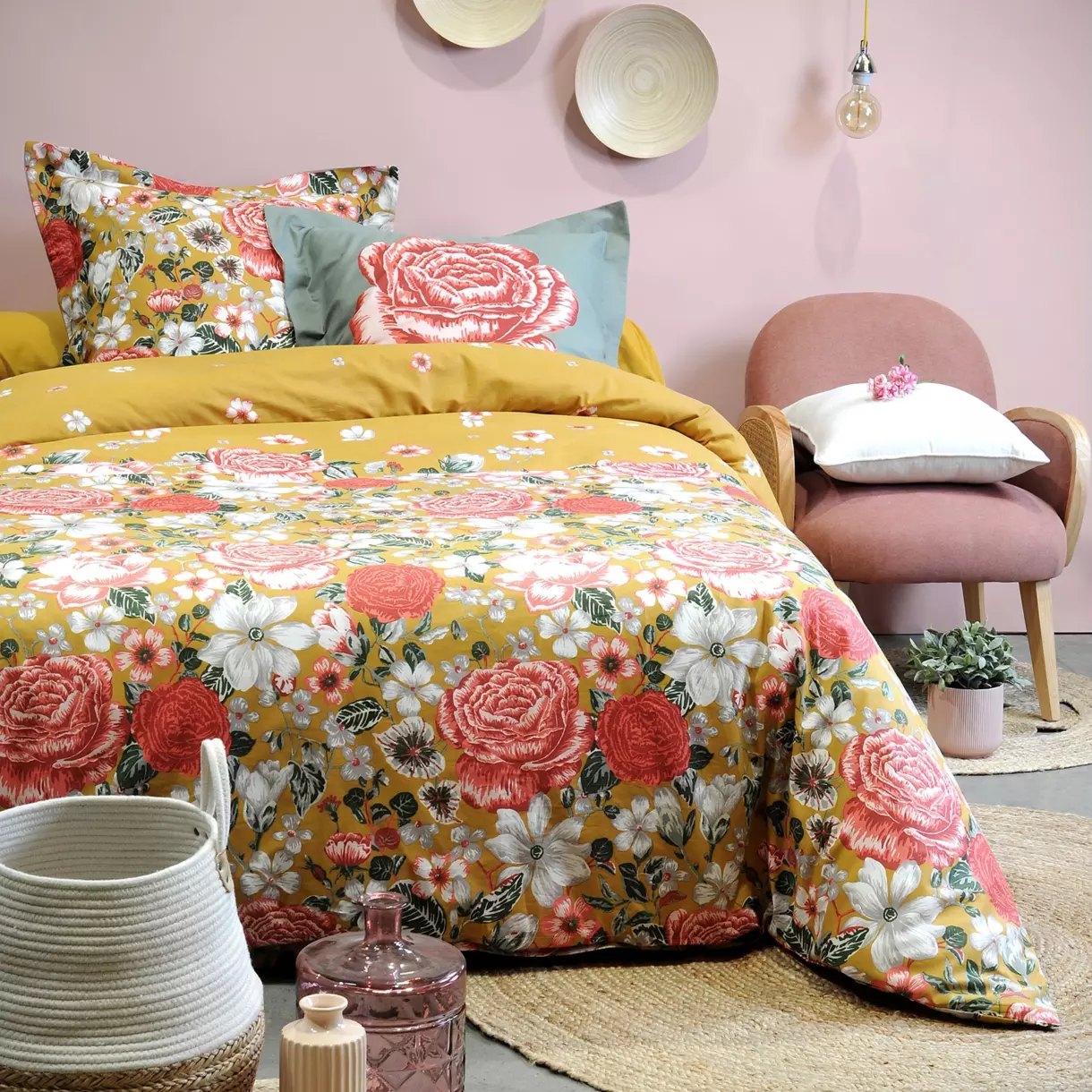 Housse de couette et deux taies coton (240 cm) Deneuve Jaune moutarde 1