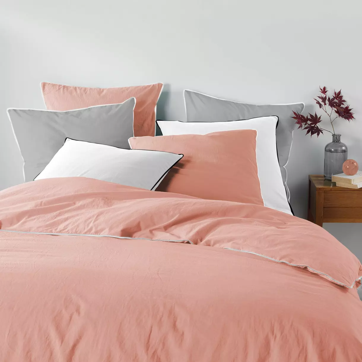 Housse de couette et deux taies coton lavé (260 cm) Linette Rose 1