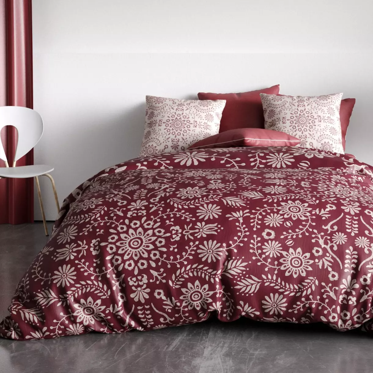 Funda nórdica y dos fundas de almohada en algodón orgánico (240 cm) Vishka Burdeos 1