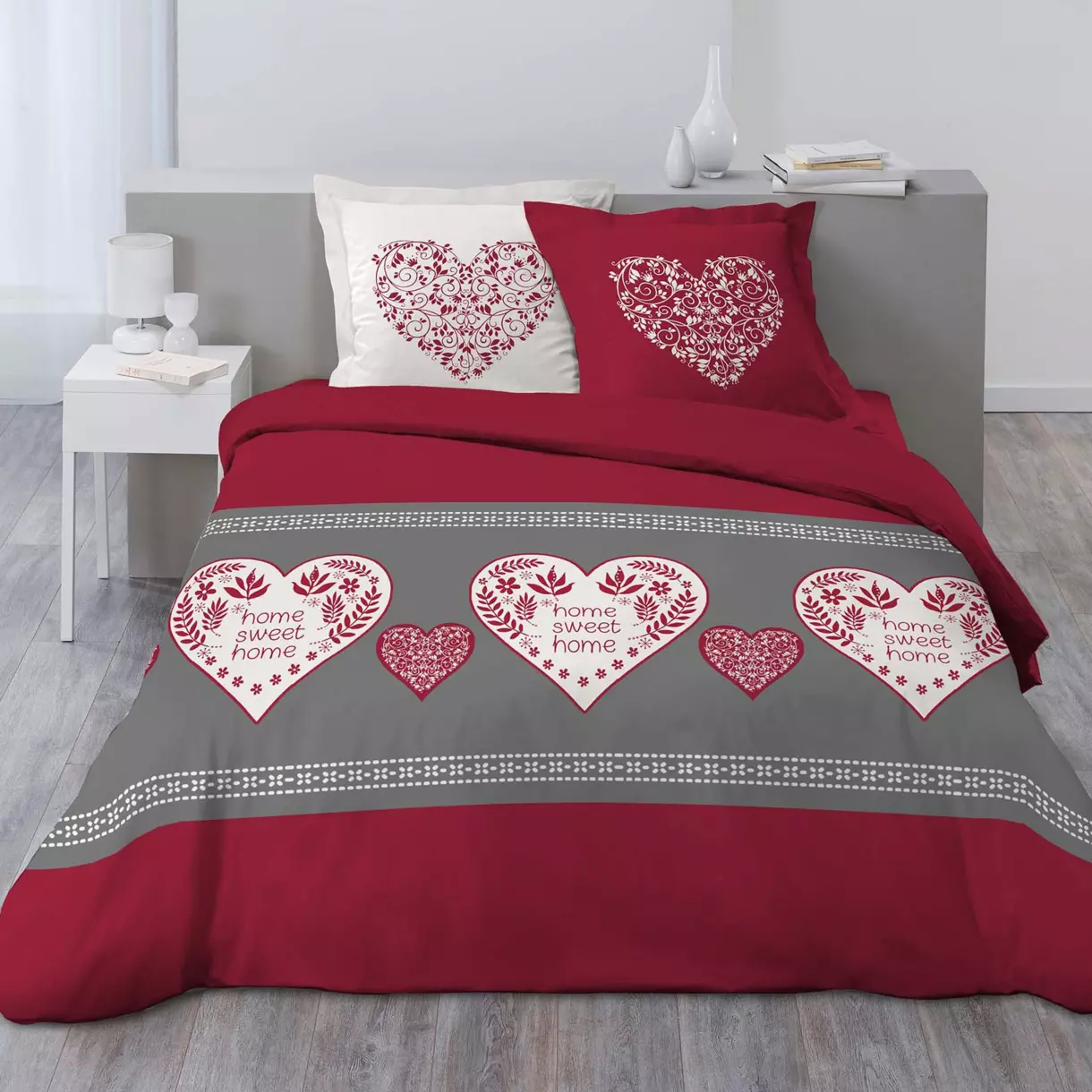 Housse de couette et deux taies coton (240 cm) Sweet Heart Rouge 1